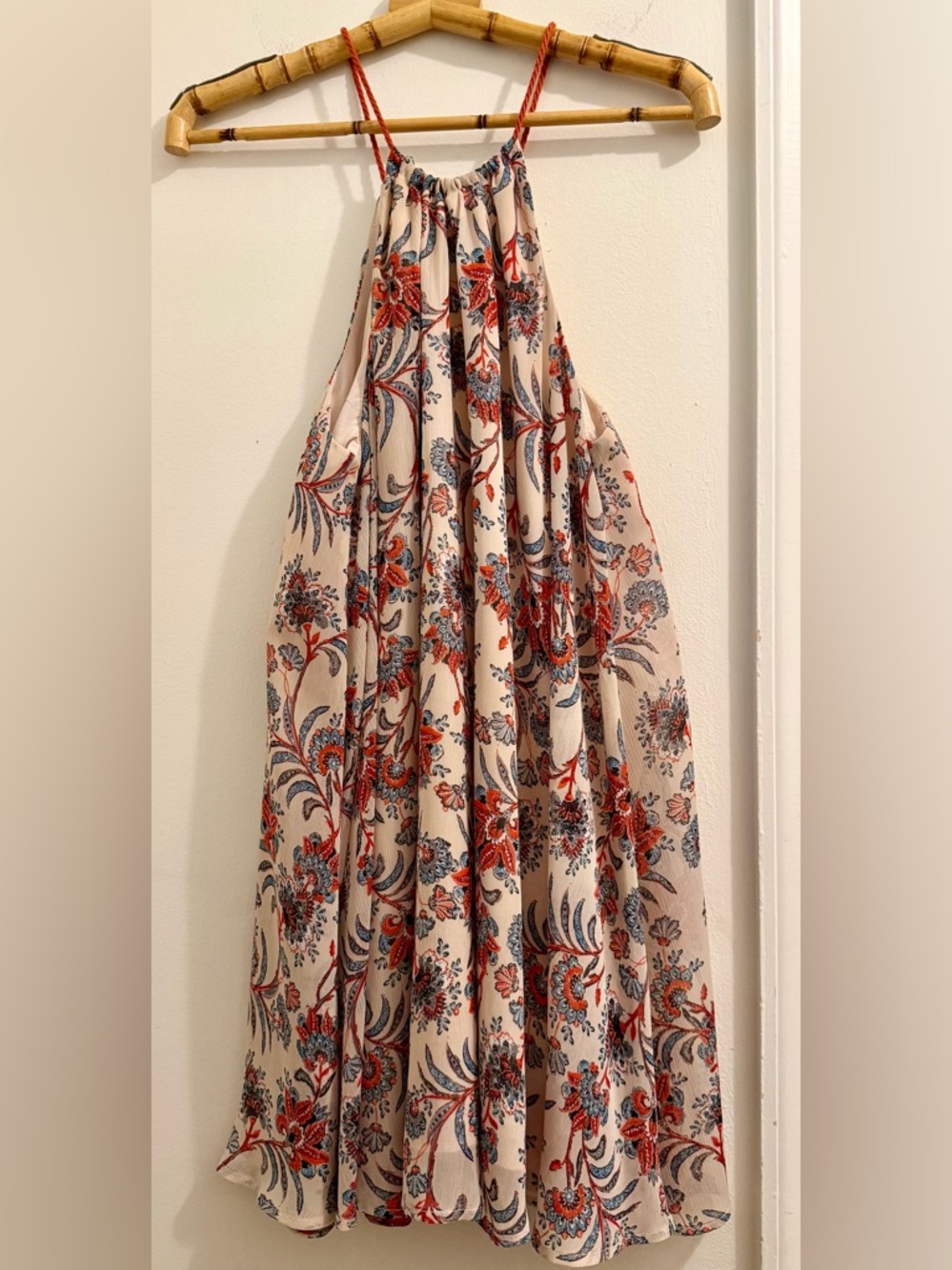 BB Dakota Beige Mini Halter Dress with Brown & Blue Floral Motif